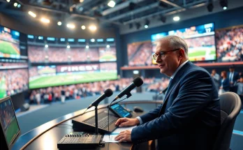 Engaging scene in sports broadcasting studio with commentator, showcasing excitement.