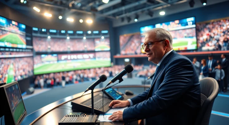Engaging scene in sports broadcasting studio with commentator, showcasing excitement.