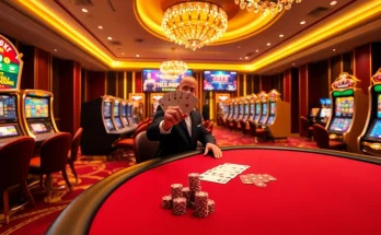 Experience the excitement of Bay789 with exquisite casino visuals featuring poker and slot machines.