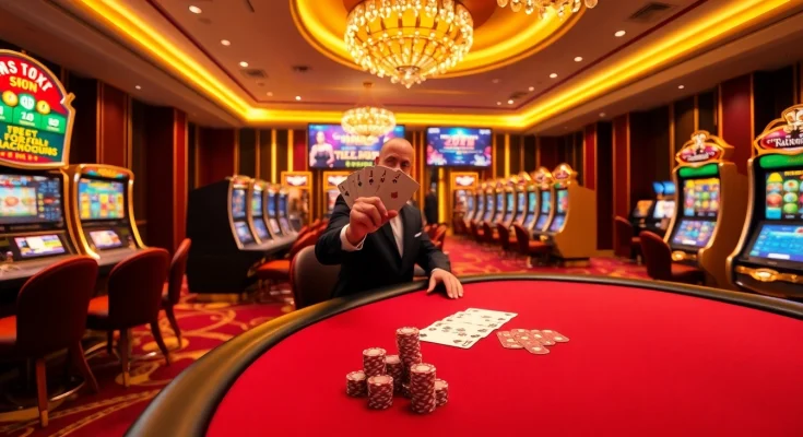 Experience the excitement of Bay789 with exquisite casino visuals featuring poker and slot machines.