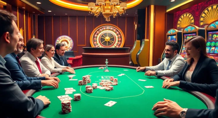 Enthusiastic players at a table embodying the excitement of meilleur casino en ligne with poker chips and cards.