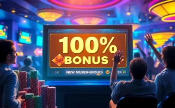 situs bonus new member highlighted on an exciting online slot machine surrounded by colorful casino chips and players