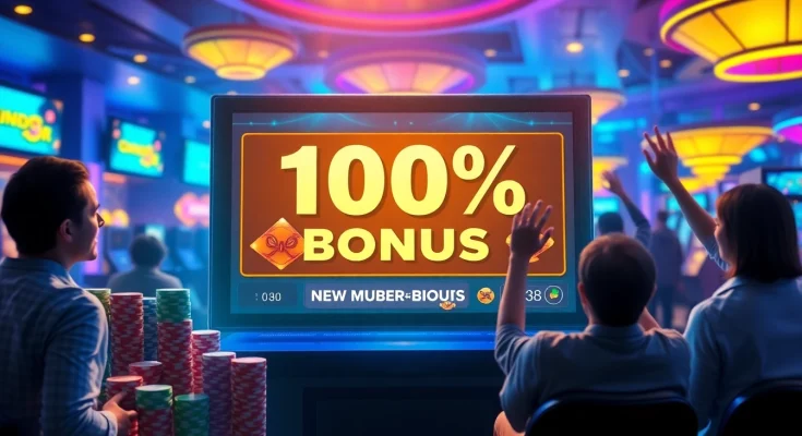 situs bonus new member highlighted on an exciting online slot machine surrounded by colorful casino chips and players
