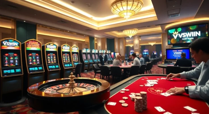 Experience the excitement of VSWIN with vibrant casino visuals showcasing thrilling gameplay elements.