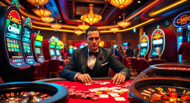 Experience thrilling gameplay with CM88 at a luxury casino poker table, vibrant chips, and roulette wheels.