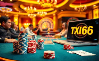 Players enjoy a thrilling game at TX666 casino with poker chips and cards in action.