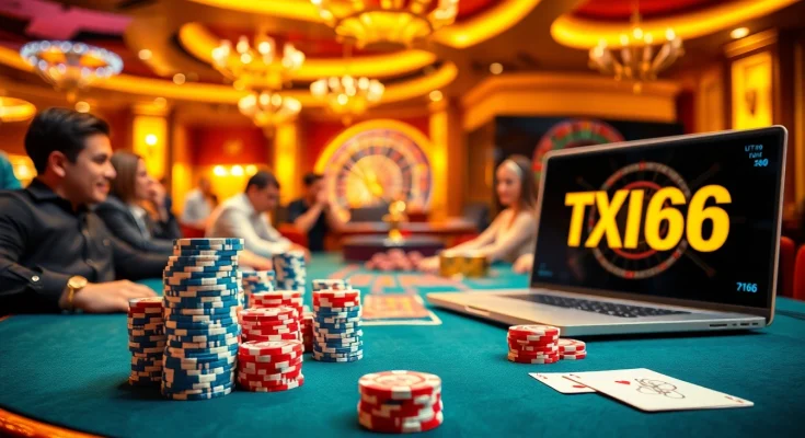 Players enjoy a thrilling game at TX666 casino with poker chips and cards in action.