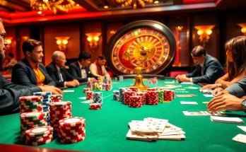 Players enjoying an exciting poker game at C168 COM's upscale casino tables, featuring vibrant chips and cards.
