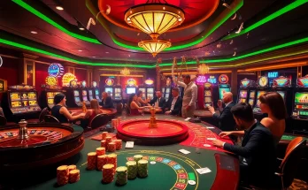 Exciting casino scene at HT368 with vibrant lights, players celebrating wins, and luxurious atmosphere.