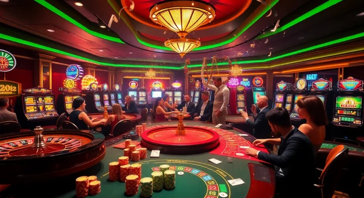 Exciting casino scene at HT368 with vibrant lights, players celebrating wins, and luxurious atmosphere.