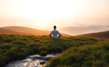 Implement effective mental health tips with a serene meditation scene in nature.